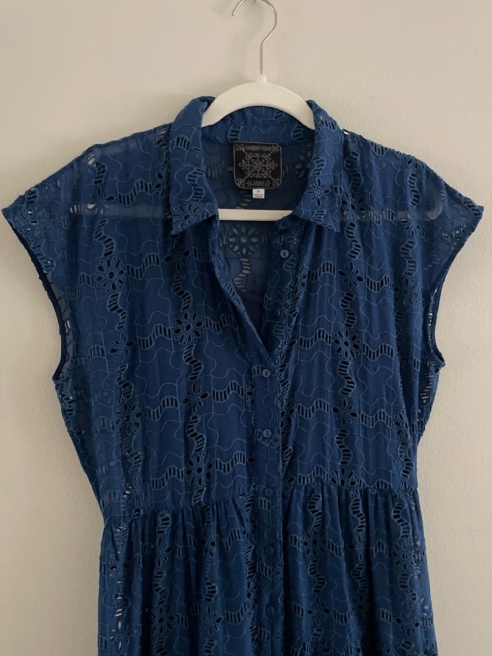 Johnny Was Embroidered Eyelet Tiered Maxi Dress Button Front Blue Size M - Picture 5 of 6